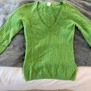 J.Crew 100% Italian Cashmere Light Green V Neck Cable Knit Sweater